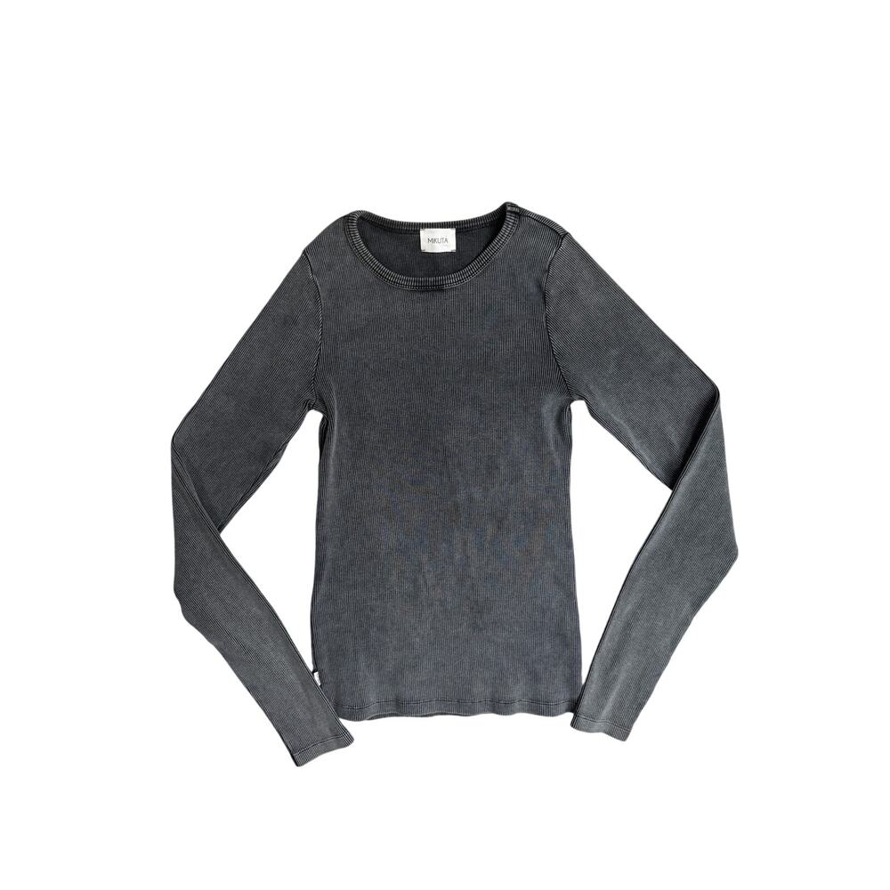 Mikuta Ribbed Long Sleeve Minimalist T Shirt Dark Gray Medium